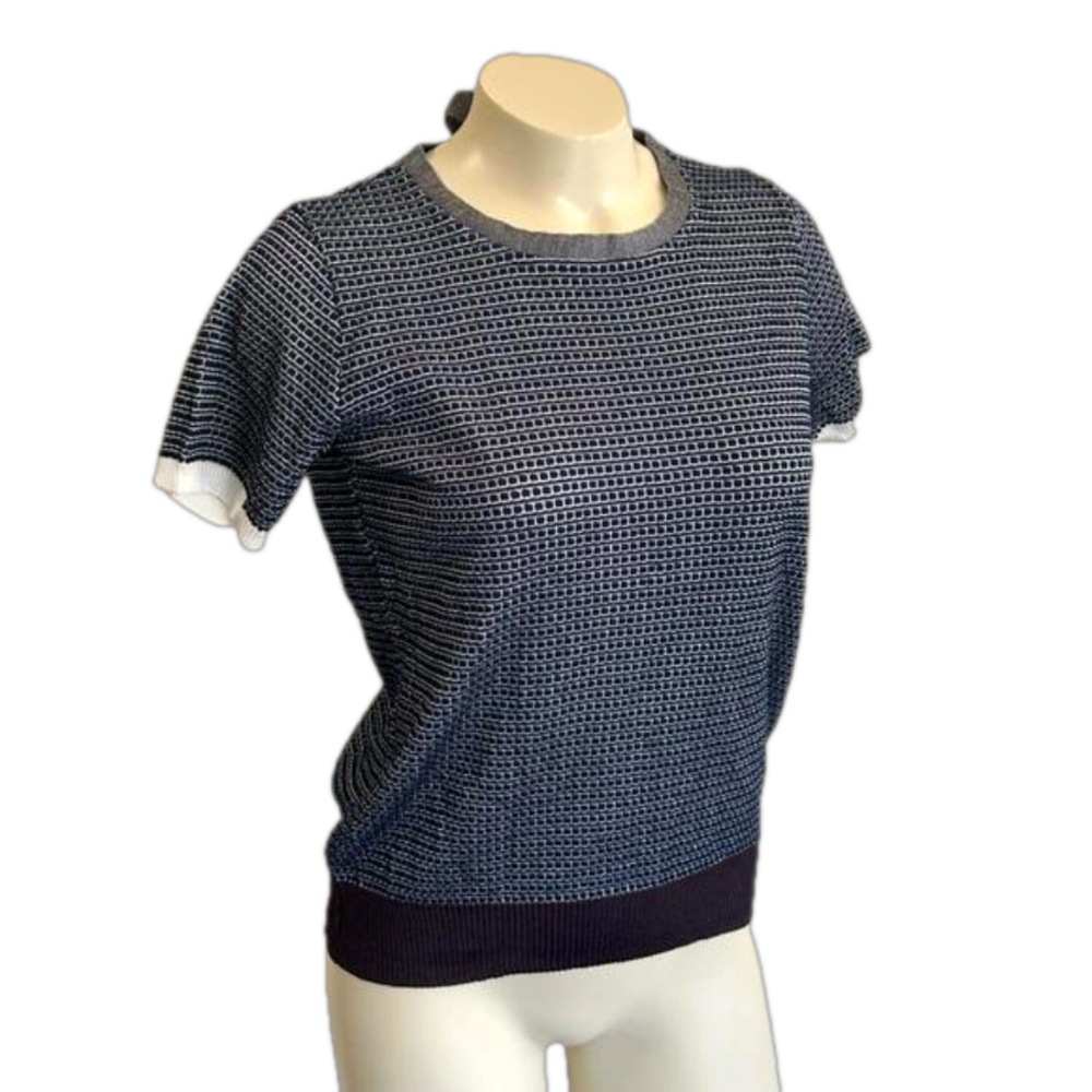 Equo Japan Textured Knit Short Sleeve Sweater Top Size 38 Blue Gray NWT